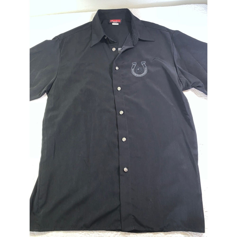 Vintage Ranchero Mens Black Western Shirt Short Sleeve Horse Horseshoe Small USA
